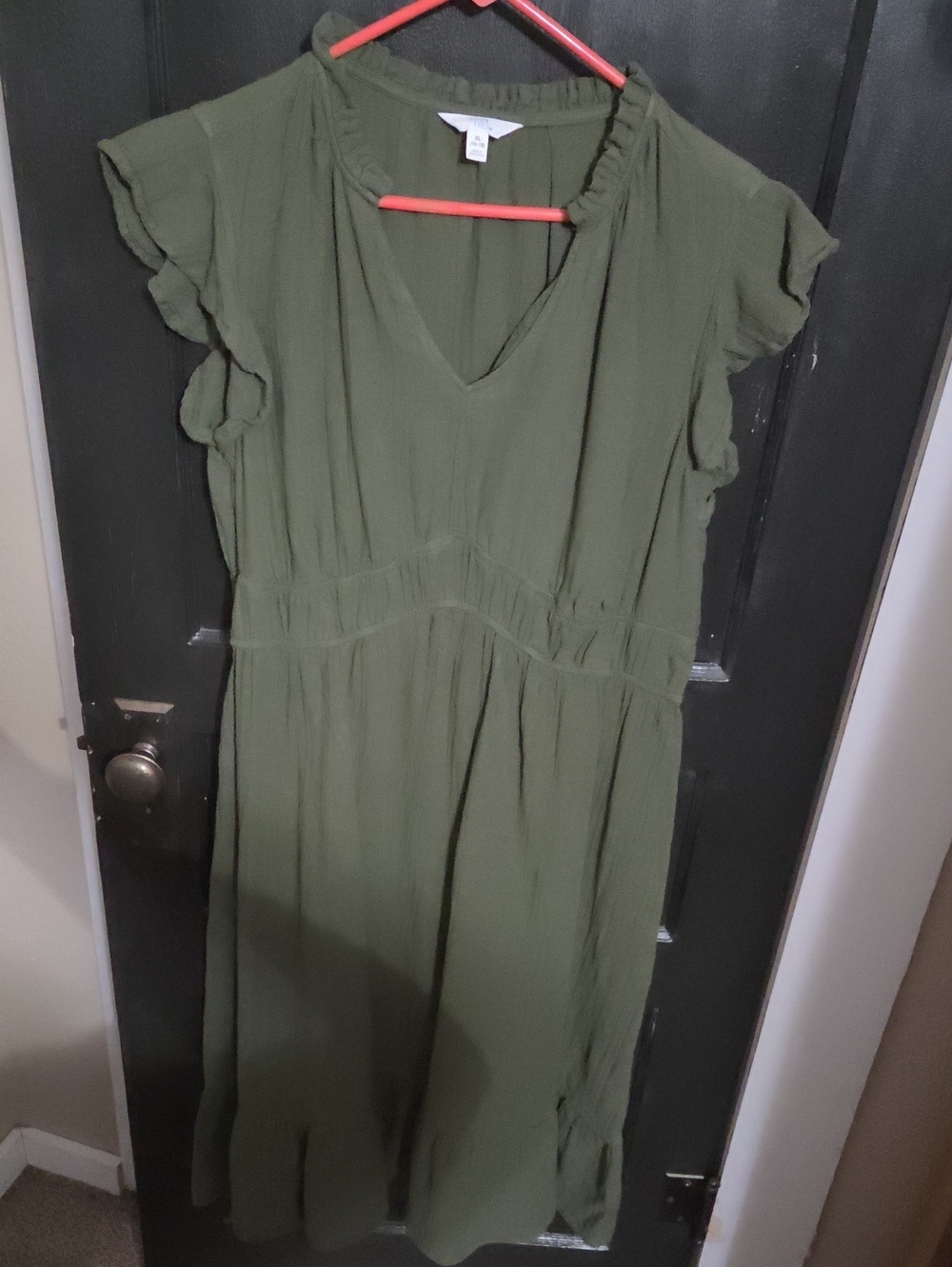 Time and Tru Olive Green V-Neck Midi Dress with Ruffle Cap Sleeves